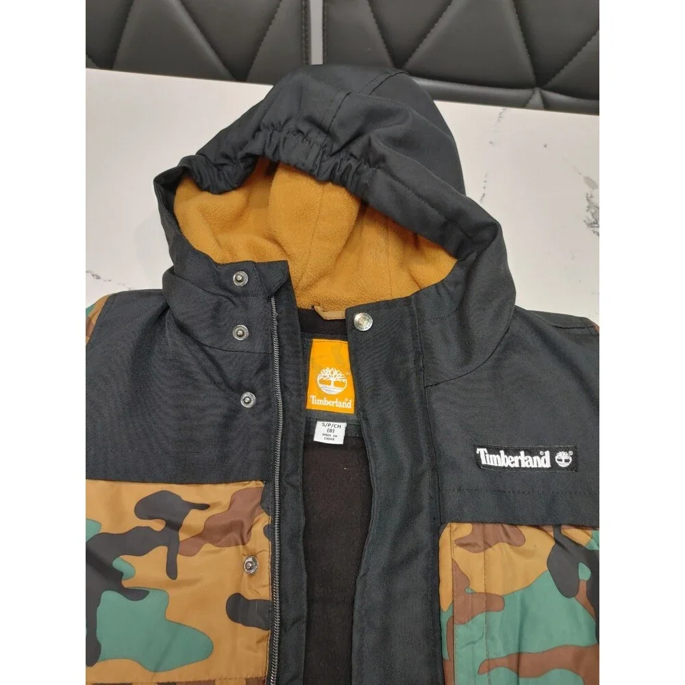 Timberland Boys Kids Puffer Coat Full Zip Hooded Jacket (Camouflage, S- 8) (0010